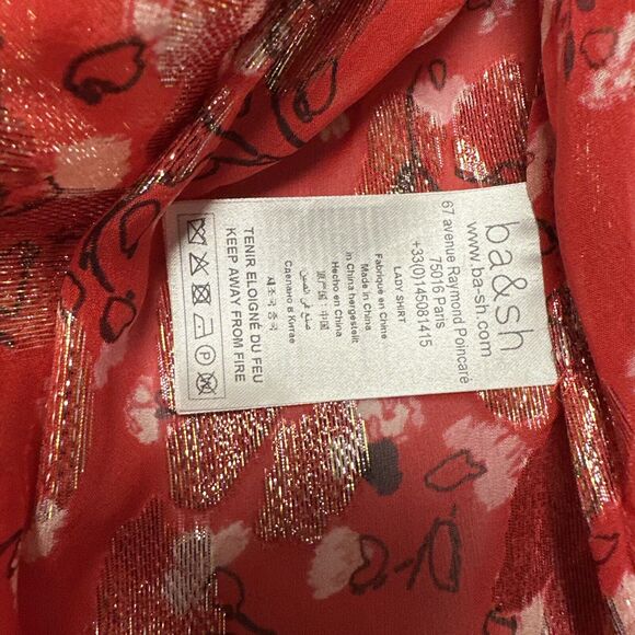 ba&sh Tanama Blouse Red Floral Gold Metallic Accents Women Size S/4 Fancy NWT - Picture 11 of 14